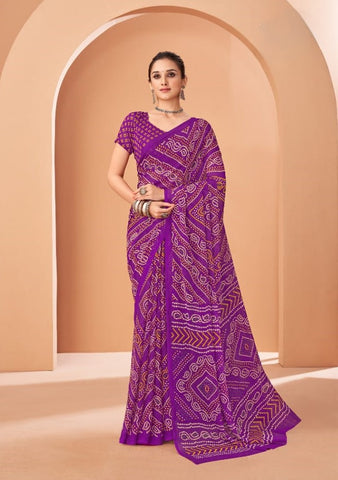 Violet Bandhani Print Saree with Blouse Piece – Traditional Ethnic Wear for Women