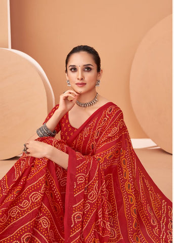 Red Bandhani Print Saree with Blouse Piece – Traditional Ethnic Wear for Women