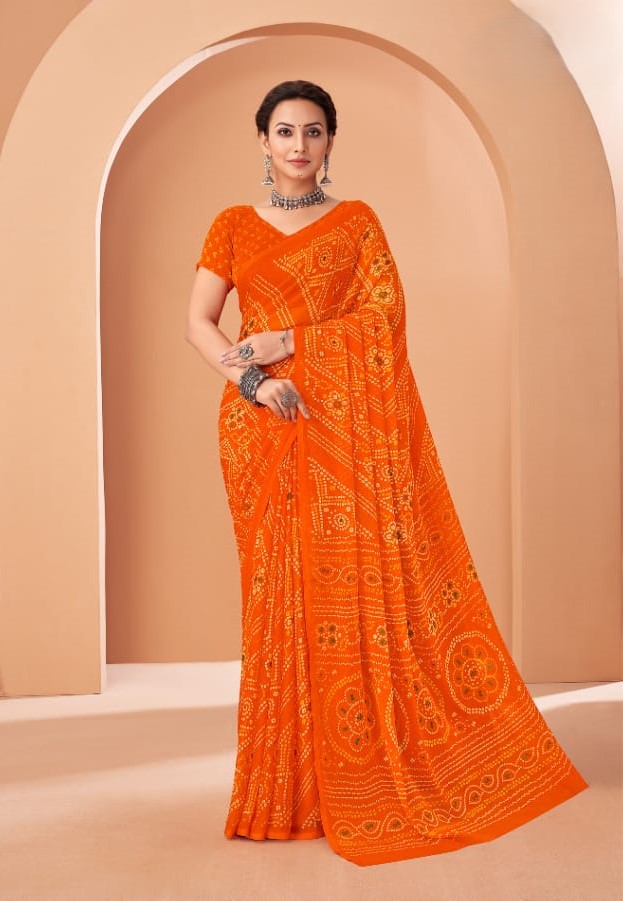 Orange Bandhani Print Saree with Blouse Piece – Traditional Ethnic Wear for Women