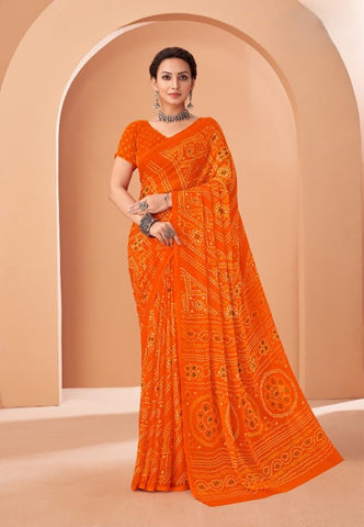 Orange Bandhani Print Saree with Blouse Piece – Traditional Ethnic Wear for Women