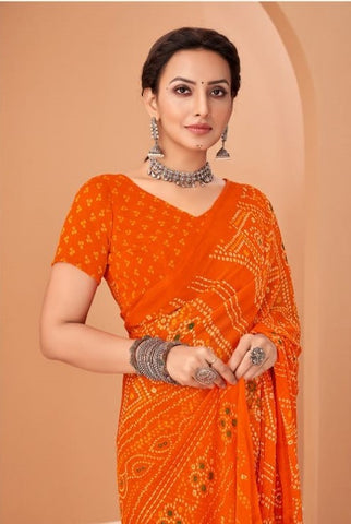 Orange Bandhani Print Saree with Blouse Piece – Traditional Ethnic Wear for Women