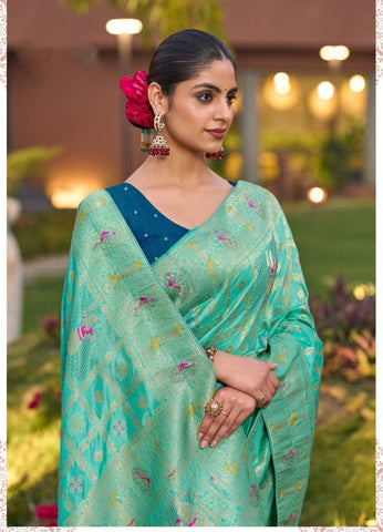 Elegant Firozi Banarasi-Style Saree with Golden Detailing