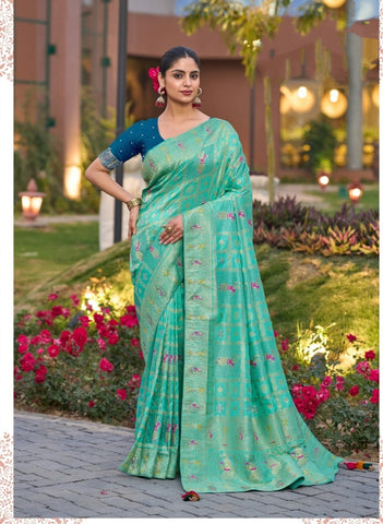 Elegant Firozi Banarasi-Style Saree with Golden Detailing