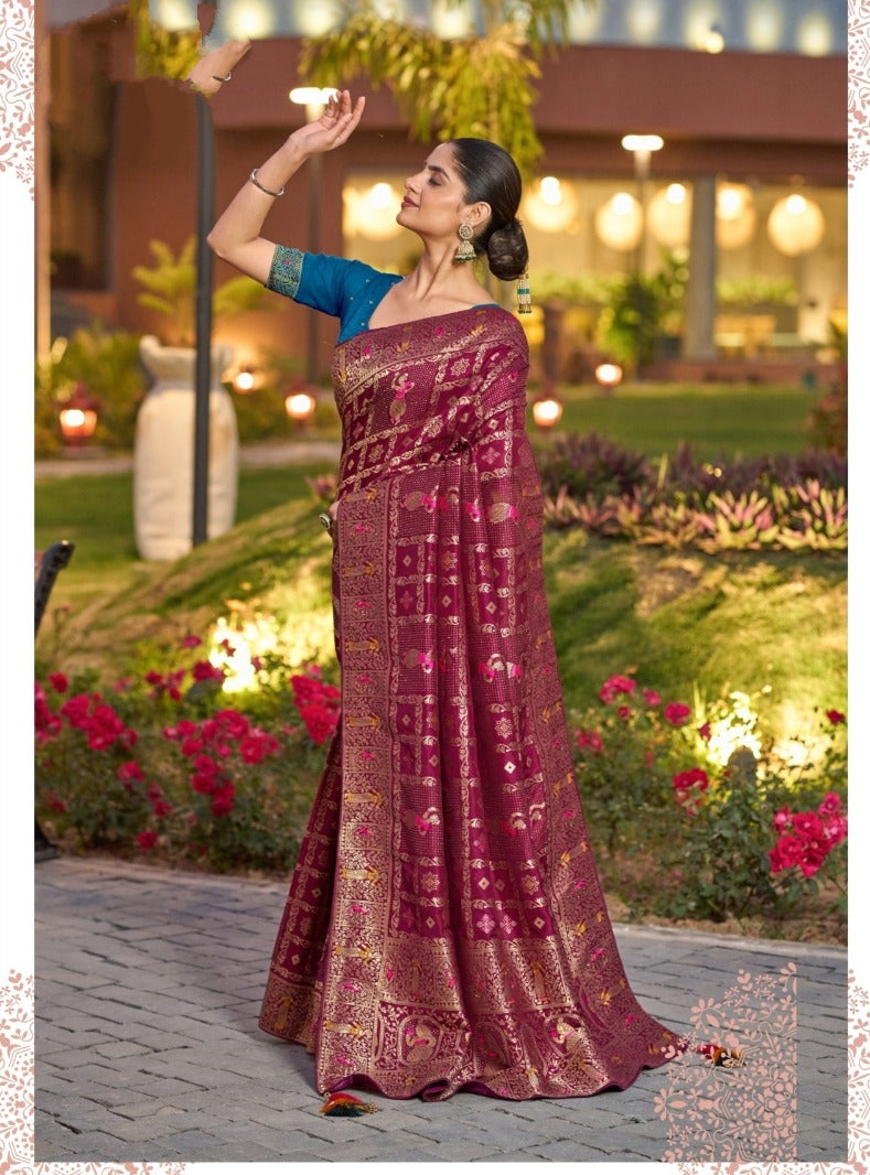 Elegant Wine Banarasi-Style Saree with Golden Detailing