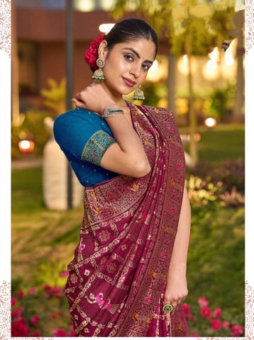 Elegant Wine Banarasi-Style Saree with Golden Detailing