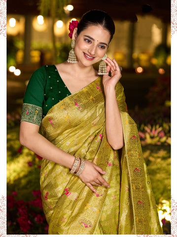 Elegant Green Banarasi-Style Saree with Golden Detailing