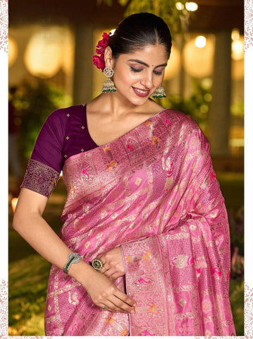 Elegant Pink Banarasi-Style Saree with Golden Detailing