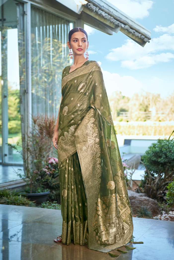 Banarasi Silk Saree – Olive Green Zari Weave - Premium Look -UK