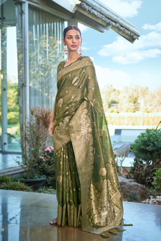 Banarasi Silk Saree – Olive Green Zari Weave - Premium Look -UK