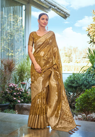 Golden Mustard Banarasi Silk Saree with Heavy Zari Border | Indian Wedding Saree UK