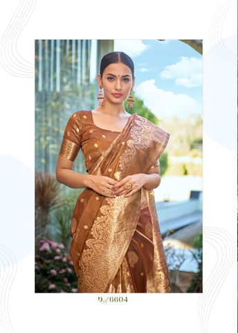 Copper Brown Banarasi Silk Saree with Gold Weaving – Design 6604 | Luxury Indian Saree UK