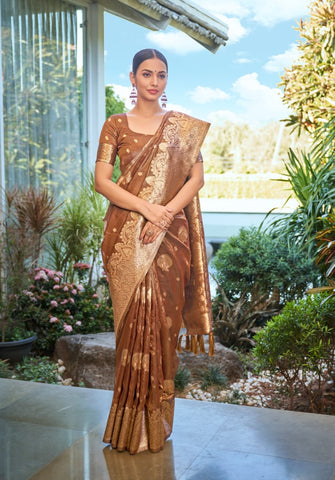 Copper Brown Banarasi Silk Saree with Gold Weaving – Design 6604 | Luxury Indian Saree UK