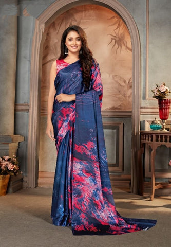 Printed Saree – Navy Blue Pink Designer Digital Saree - Premium Uk
