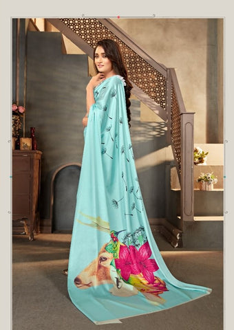 Printed Saree – Aqua Blue Digital Floral Saree - Premium Uk