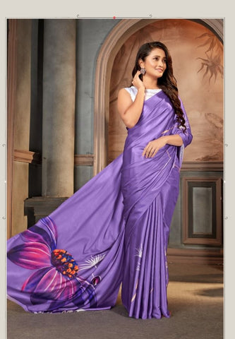 Printed Saree – Purple Lotus Digital Print Saree - Premium Uk