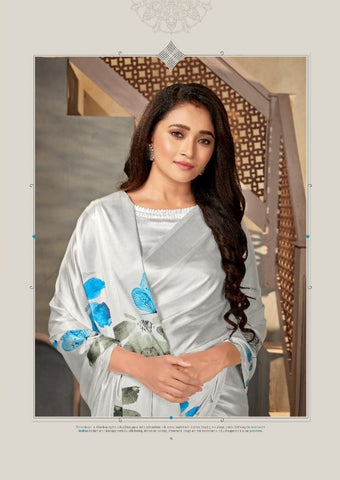 Printed Saree – Light Grey Blue Floral Saree - Premium Uk