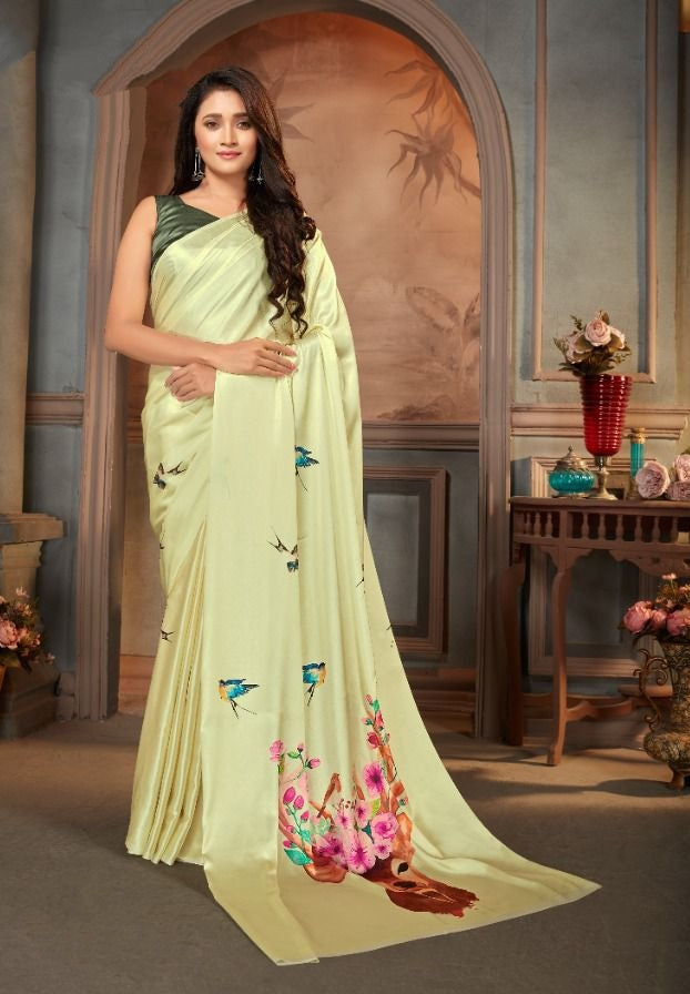 Printed Saree – Light Lemon Yellow Floral Print Saree - Premium Uk