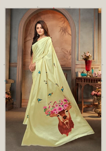 Printed Saree – Light Lemon Yellow Floral Print Saree - Premium Uk