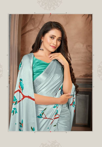 Printed Saree – Mint Blue Butterfly Floral Digital Saree - Premium Uk