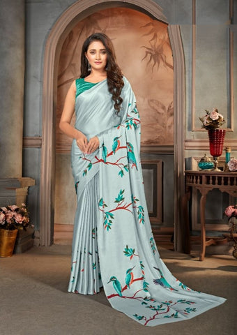 Printed Saree – Mint Blue Butterfly Floral Digital Saree - Premium Uk