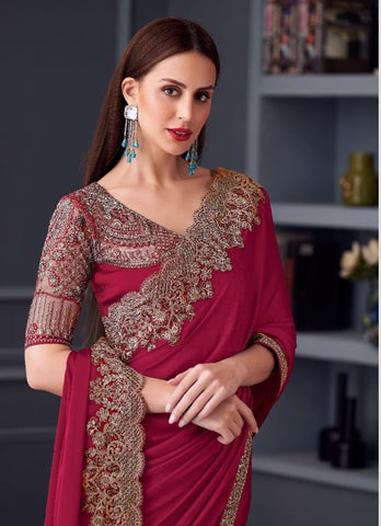 Maroon Designer Saree with Embroidered Blouse | Wedding Wear UK