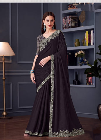 Dark Brown  Designer Saree with Rich Embroidery | Evening Wear UK