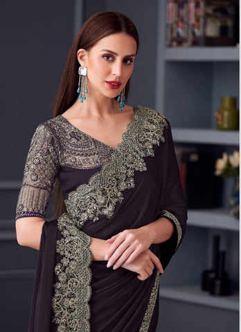 Dark Brown  Designer Saree with Rich Embroidery | Evening Wear UK
