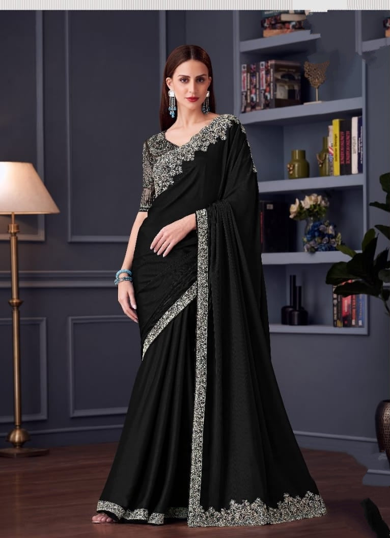 Black Designer Saree with Heavy Embroidery | Party Wear UK