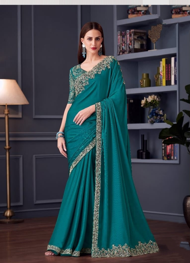 Teal Green Designer Saree with Heavy Embroidered Border | Party & Wedding Wear UK