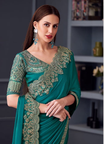 Teal Green Designer Saree with Heavy Embroidered Border | Party & Wedding Wear UK