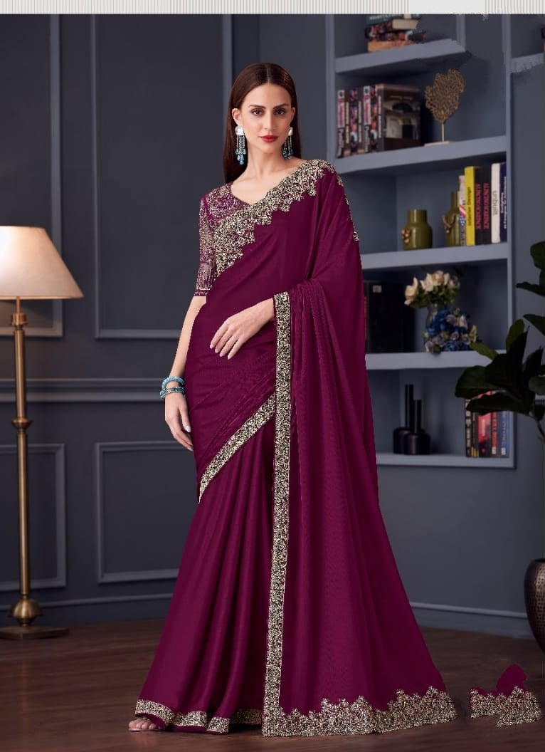 Wine Designer Saree with Rich Embroidery | Evening Wear UK