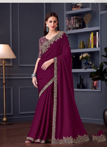 Wine Designer Saree with Rich Embroidery | Evening Wear UK