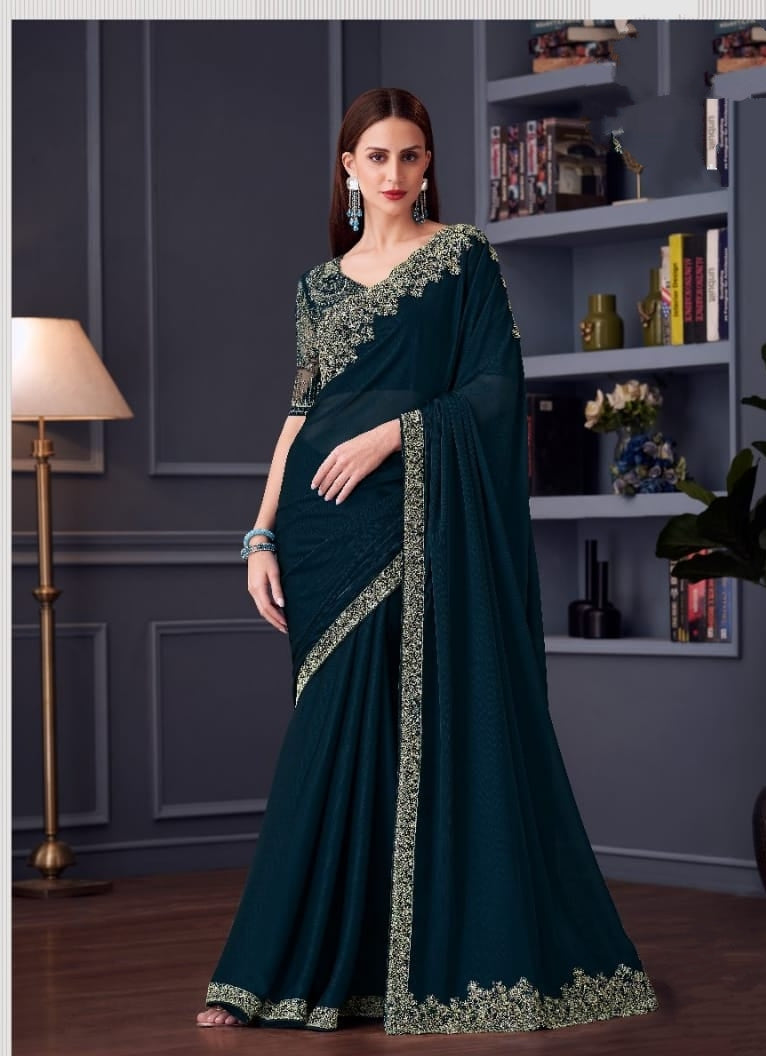 Dark Teal Green  Designer Saree with Embroidered Border | Party Wear UK