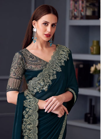 Dark Teal Green  Designer Saree with Embroidered Border | Party Wear UK