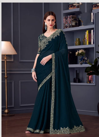 Dark Teal Green  Designer Saree with Embroidered Border | Party Wear UK