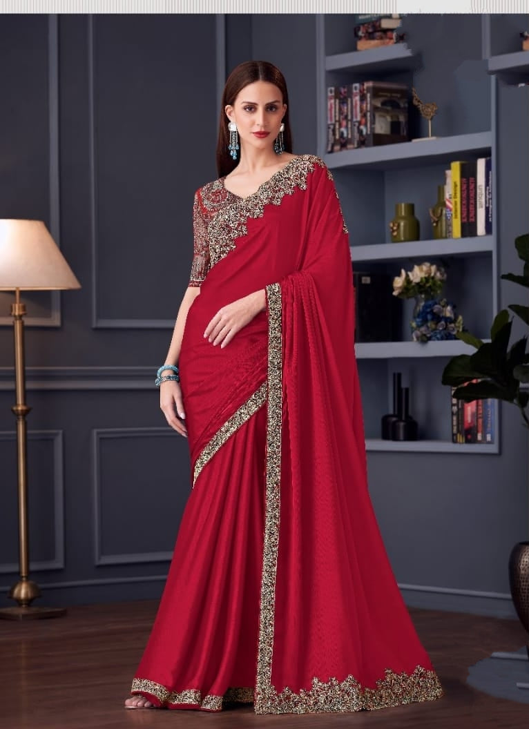 Red  Designer Saree with Embroidered Blouse | Wedding Party Wear UK