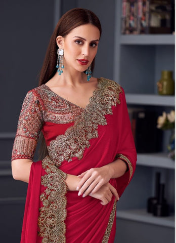 Red  Designer Saree with Embroidered Blouse | Wedding Party Wear UK