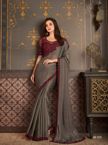 Luxury Grey Designer Saree with Embroidered Border | Party Wear Indian Saree UK