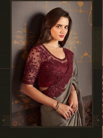 Luxury Grey Designer Saree with Embroidered Border | Party Wear Indian Saree UK