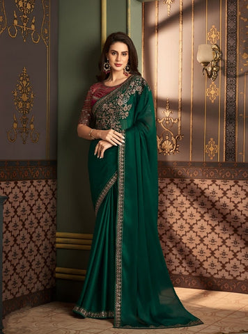 Luxury Green Designer Saree with Embroidered Border | Party Wear Indian Saree UK