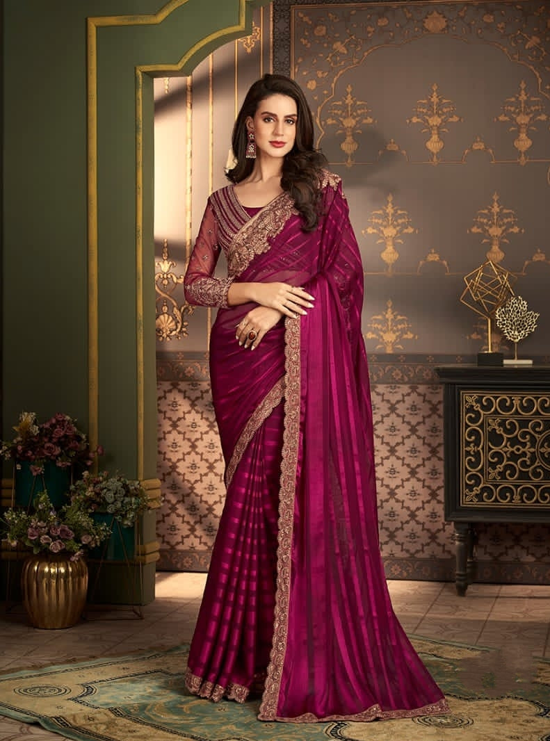 Luxury Pink Designer Saree with Embroidered Border | Party Wear Indian Saree UK