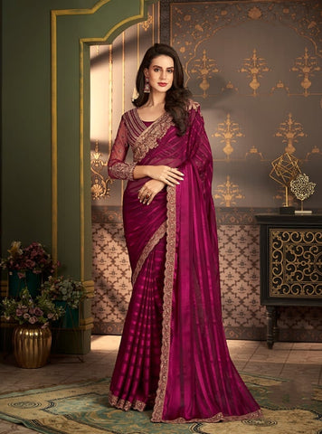 Luxury Pink Designer Saree with Embroidered Border | Party Wear Indian Saree UK