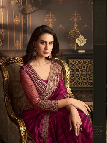 Luxury Pink Designer Saree with Embroidered Border | Party Wear Indian Saree UK