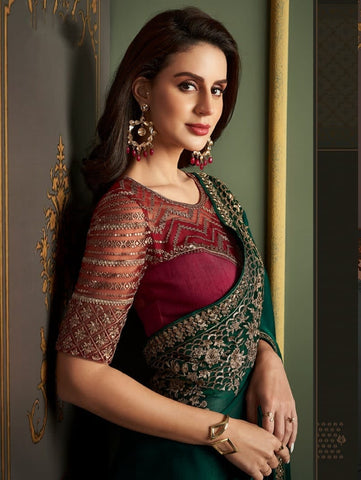 Luxury Green Designer Saree with Embroidered Border | Party Wear Indian Saree UK