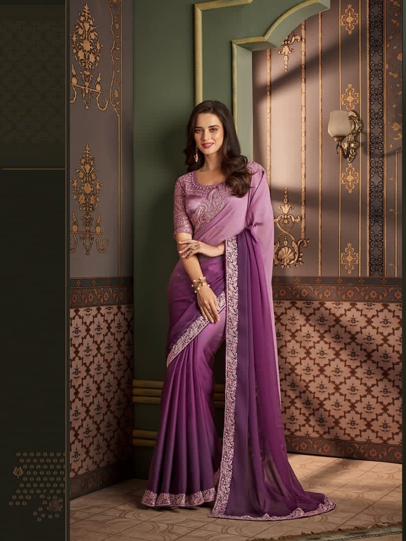 Luxury Purple Designer Saree with Embroidered Border | Elegant Party Wear Saree UK