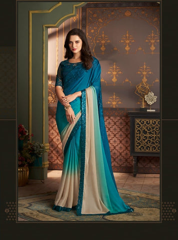 Luxury Teal Blue Designer Saree with Contrast Border | Elegant Party Wear Saree UK