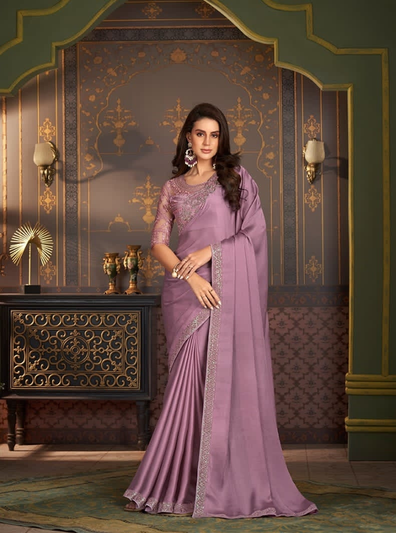 Luxury Mauve Designer Saree with Embroidered Border | Wedding & Party Wear Saree UK