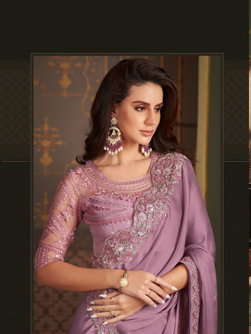 Luxury Mauve Designer Saree with Embroidered Border | Wedding & Party Wear Saree UK