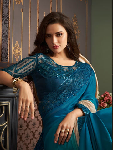Luxury Teal Blue Designer Saree with Contrast Border | Elegant Party Wear Saree UK
