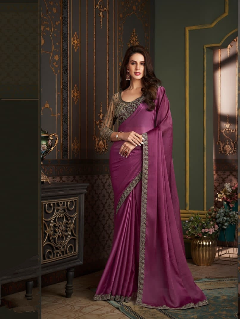 Luxury Wine Purple Designer Saree with Embroidered Border | Elegant Party Wear Saree UK